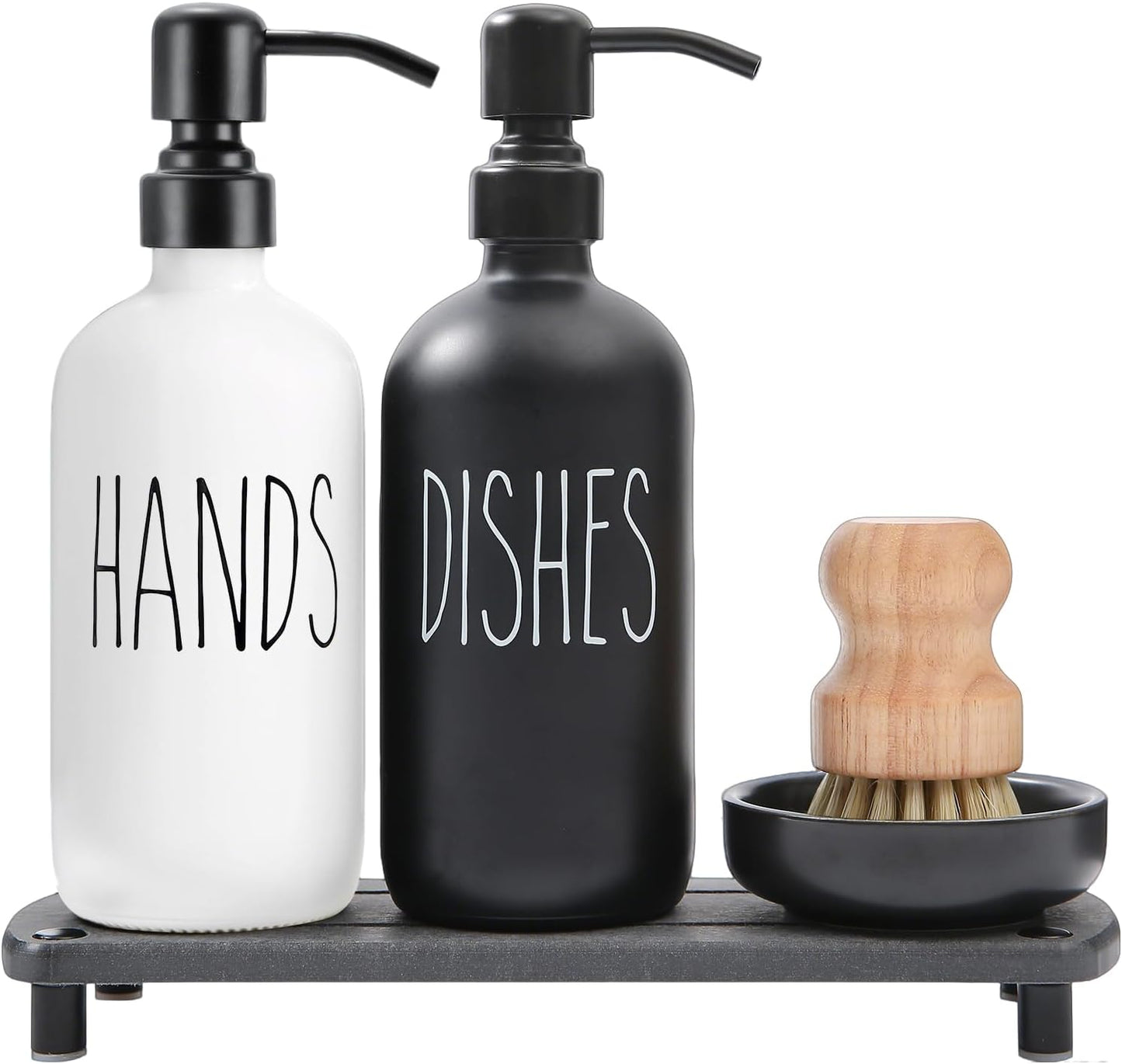 MOMEEMO Gold Soap Dispenser Set Comes with Stainless Steel Pumps | Instant Dry Tray and Dish Scrub Brush, Suitable for Kitchen Decor and Accessories