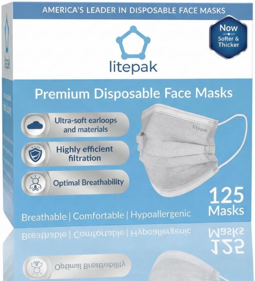 Litepak 125-Pack Premium Disposable Face Masks with Comfort Earloops Blue