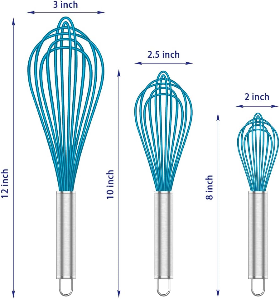OYV Silicone Whisk,Heat Resistant 480°F Whisks For Cooking Non Scratch,Stainless Steel wired wisk,Plastic Rubber Whisk Tool For Nonstick Cookware Pans,Silicon Wisks Set of 4,Blue