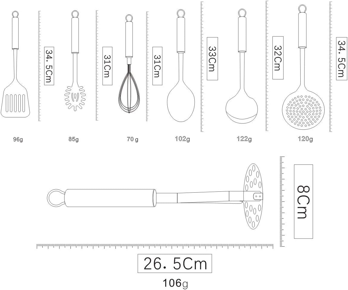 Berglander Cooking Utensil Set 8 Piece, Stainless Steel Kitchen Tool Set with Stand,Cooking Utensils, Slotted Tuner, Ladle, Skimmer, Serving Spoon, Pasta Server,Potato Maseher, Egg Whisk. (8 Pieces)