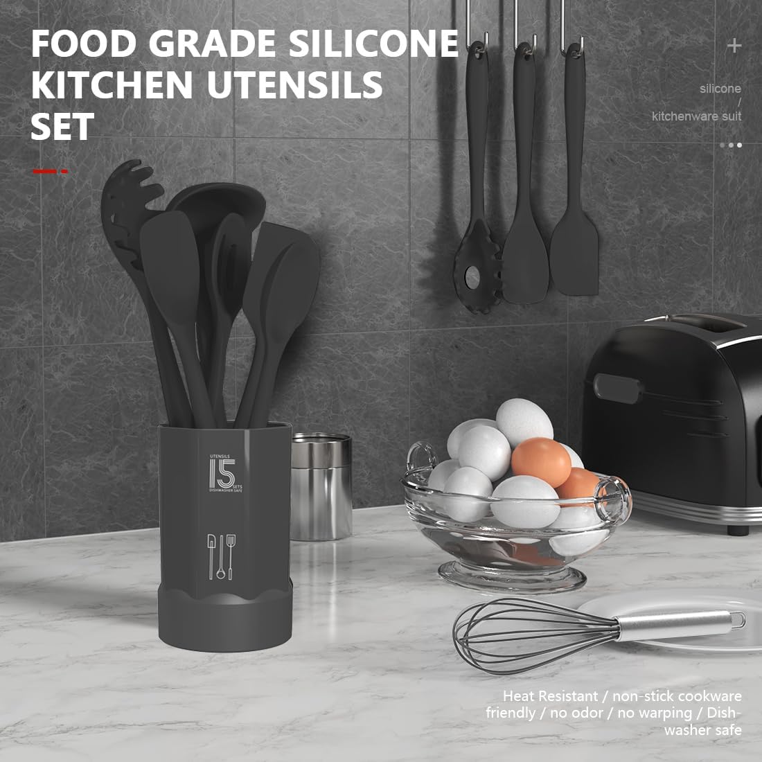 AOTHOD Silicone Cooking Utensils Set - 446°F Heat Resistant Kitchen Utensils,Spatula Sets,Turner Tongs,Spoon,Kitchen Utensil Gadgets Tools Set for Nonstick Cookware,Dishwasher Safe BPA Free (Gray)