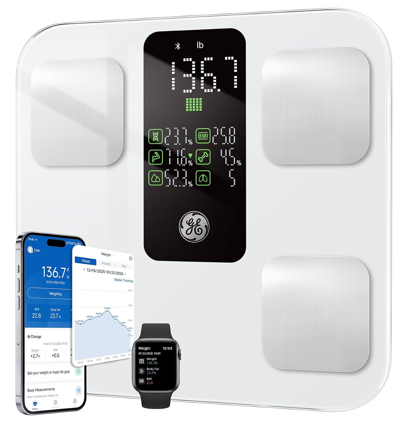 GE Smart Bathroom Scales with 14 Body Composition Metrics, 400 lbs, Black