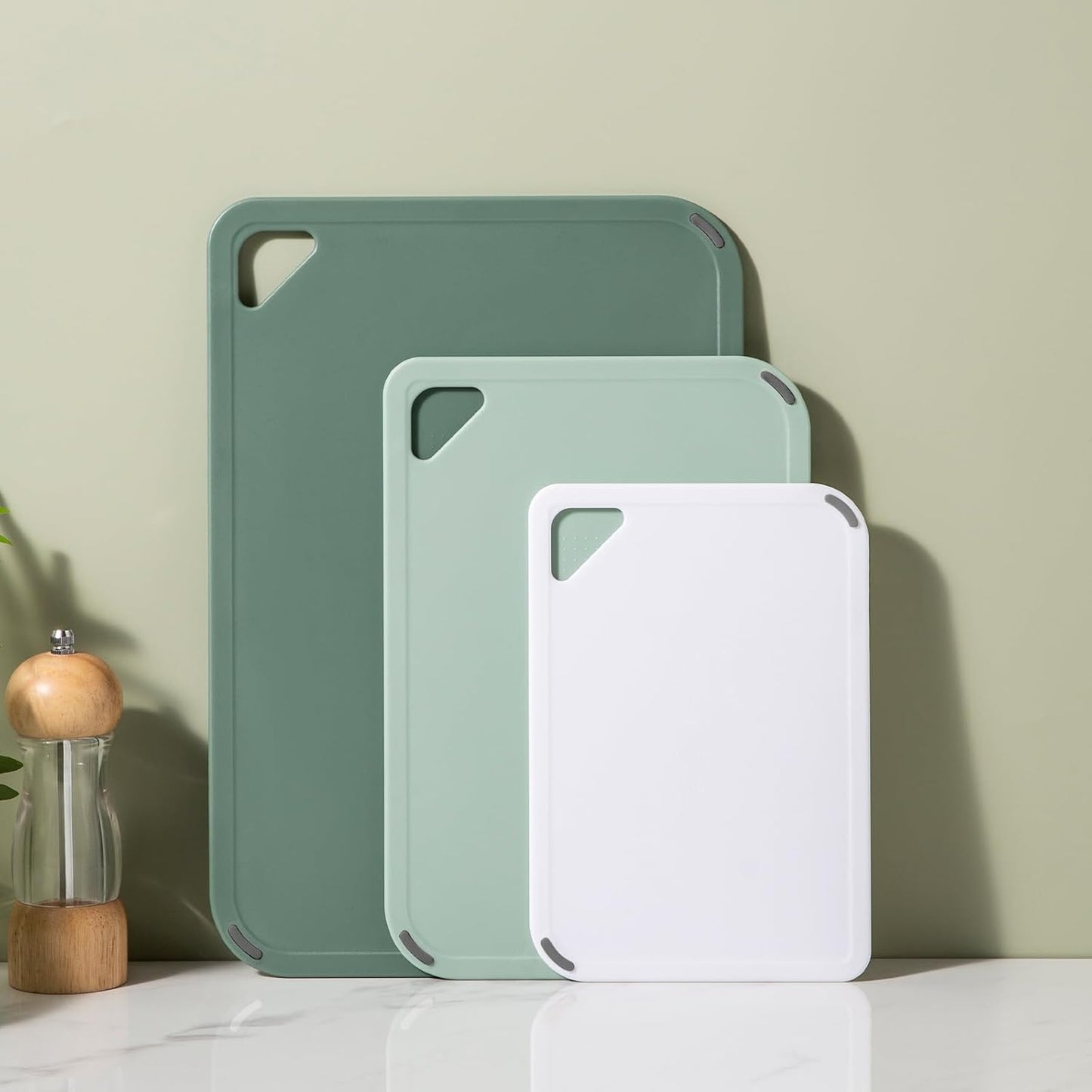 THETCHRY Plastic Cutting Board Set of 3-Cutting Boards for Kitchen BPA Free | Large-Small Chopping Boards, Non-Slip for Cooking, Dishwasher Safe, Camping, Portable, with Grip Handle, Sage Green
