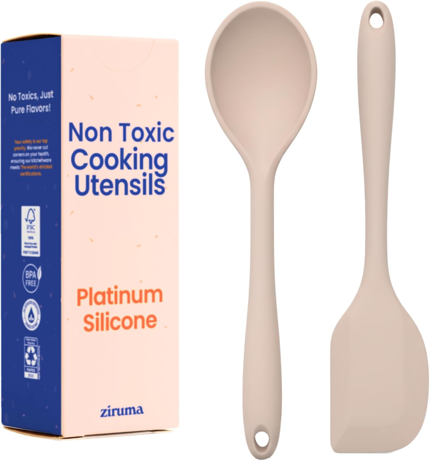 NonToxic Platinum Silicone Utensils, 100% Plastic-Free, 8-Pcs, Beige | LFGB-certified platinum silicone. Solid steel core, no hidden plastics. 500ยฐF heat resistant. Non-scratch. Dishwasher safe
