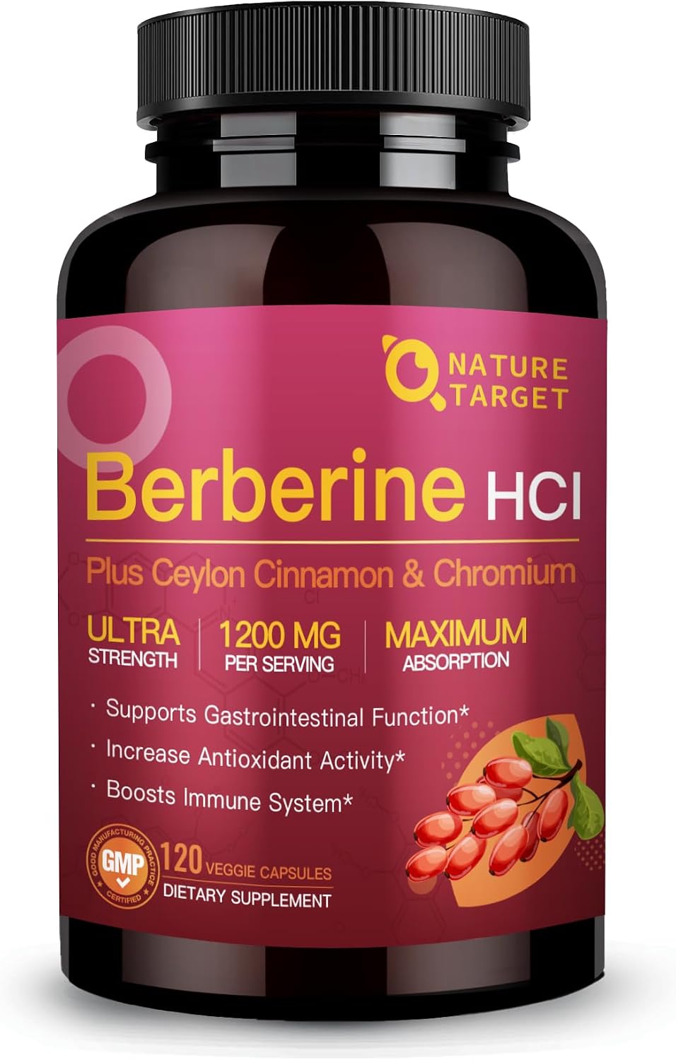 NATURE TARGET Berberine HCL 1200mg, Berberine Supplement with Ceylon Cinnamon, Chromium - Supports Immune, Gastrointestinal & Digestive Health, Non-GMO, 120 Capsules