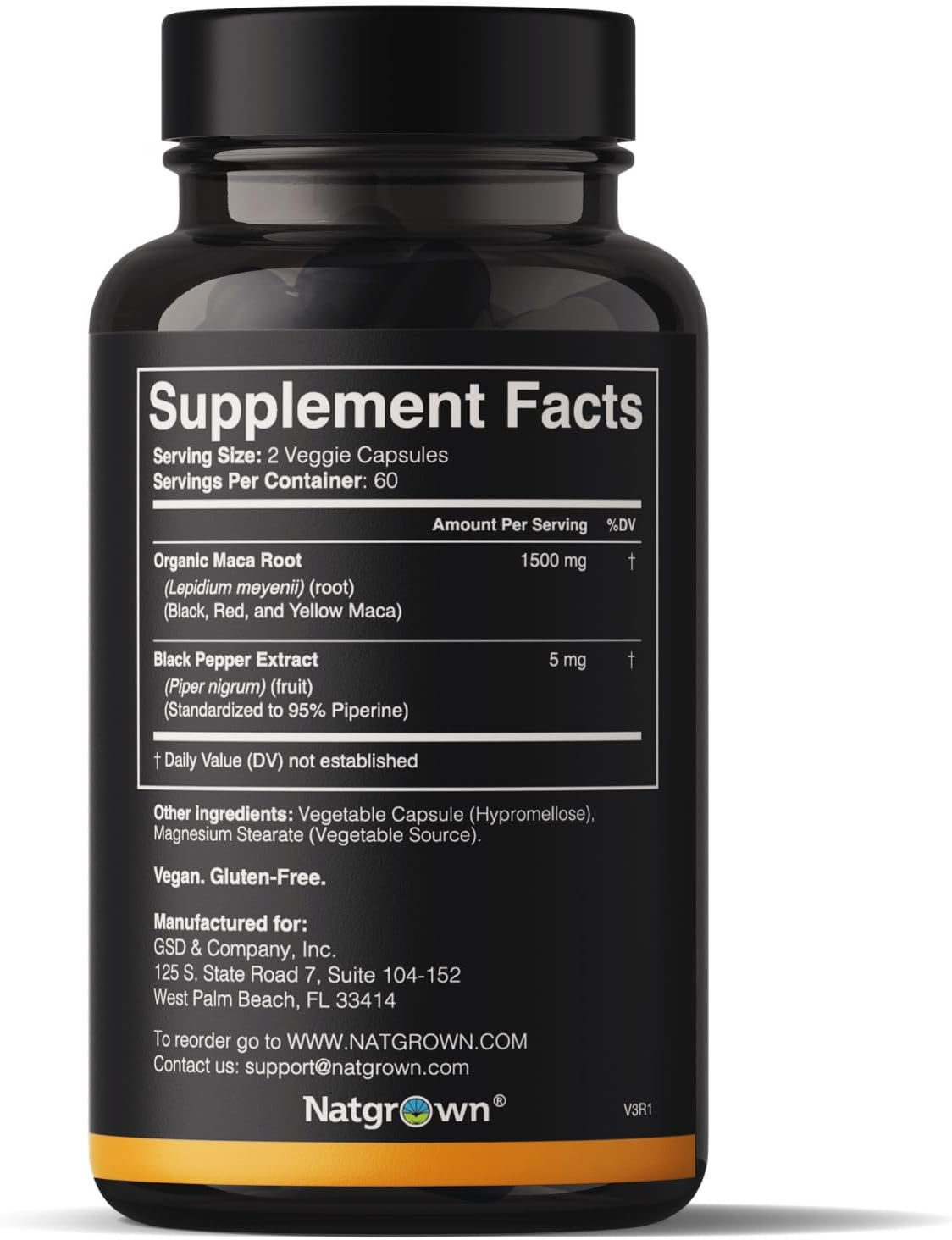 Natgrown Organic Maca Root Powder Capsules 1500mg Non-GMO Gluten-Free Vegan