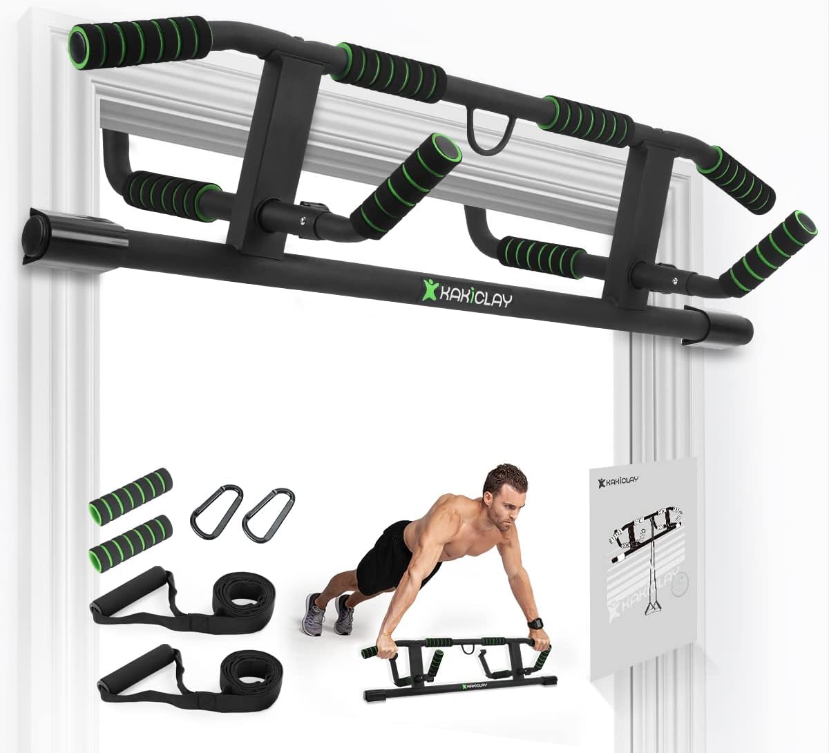 KAKICLAY Upgrade Multi-Grip Pull Up Bar with Smart Hooks - USA Patent, Warranty