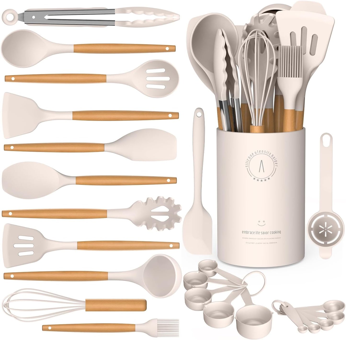 AVGPD Silicone Cooking Utensils Set, Silicone Utensils for Cooking, 446° Heat Resistant Kitchen Utensil Silicone Spatula Sets, Kitchen Gadgets for Non-Stick Cookware BPA FREE (Cream White)