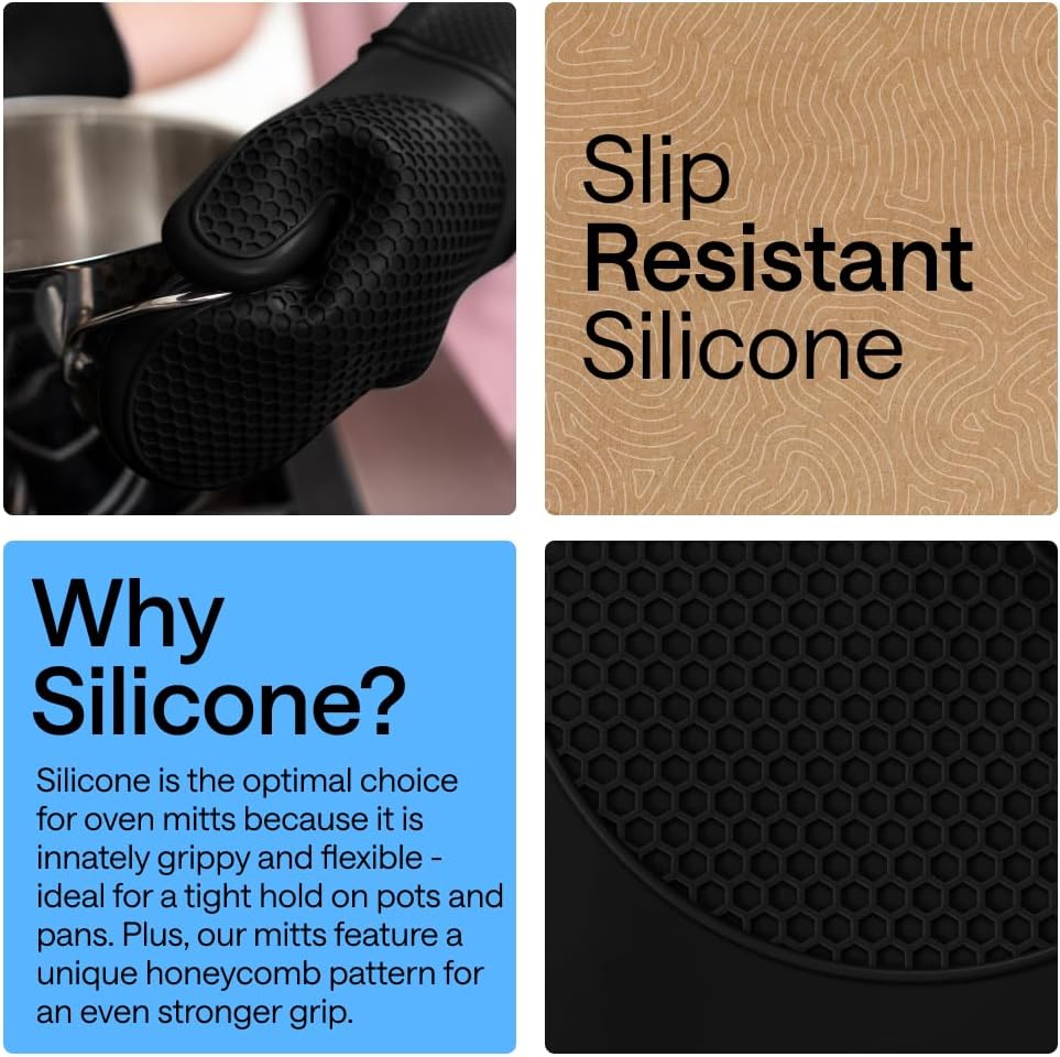 GORILLA GRIP BPA-Free Soft Silicone Oven Mitts, 550F Heat Resistant Waterproof Cooking Safety Gloves, Thick Cotton Lining, Flexible Gripping for BBQ Grilling, Kitchen Potholders Set, 12.5x8.3, Black