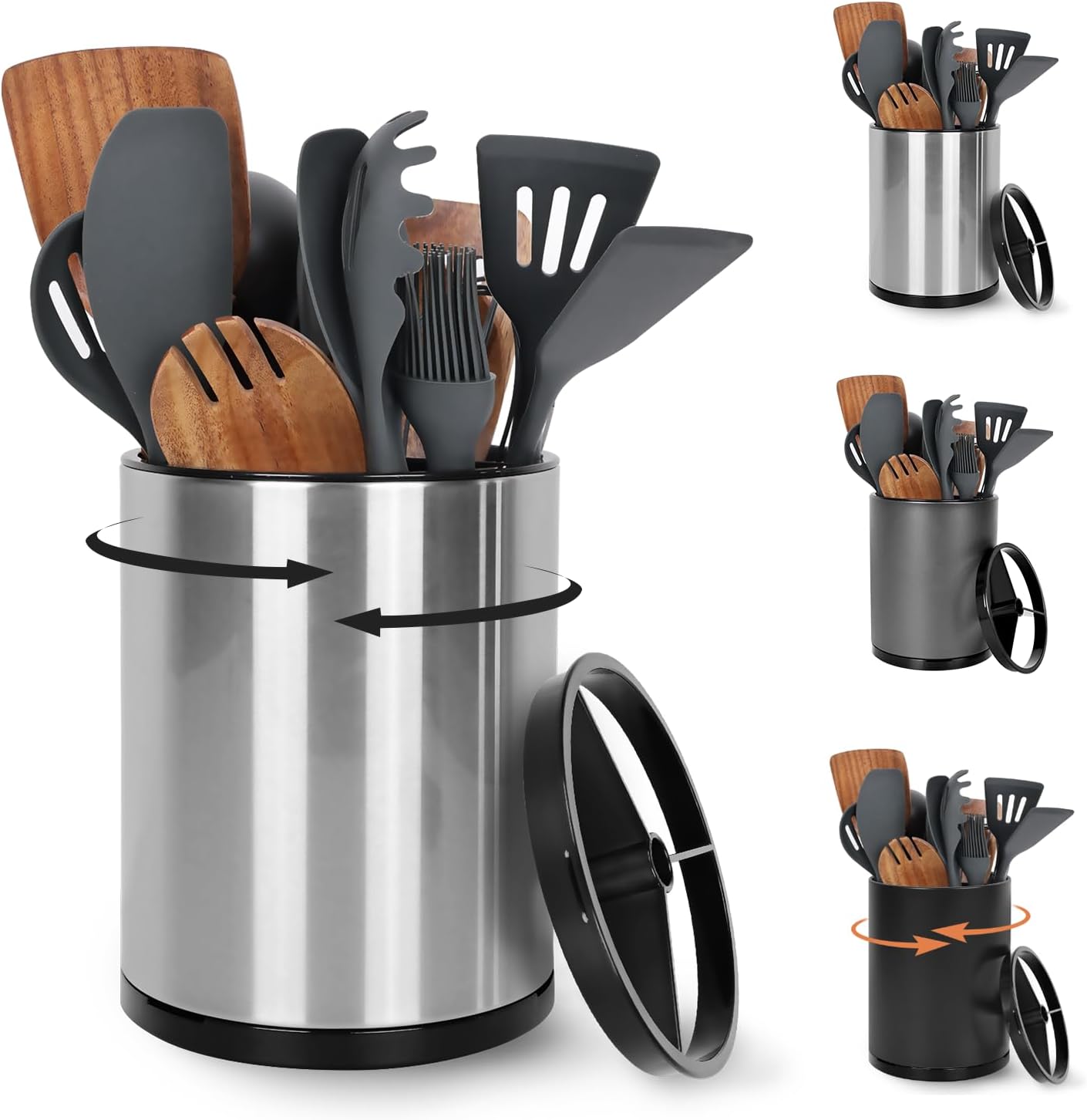 Nigelia Extra Large Kitchen Utensil Holder, 360° Rotating Stainless Steel Cooking Utensil Holder for Countertop, 3 Compartment Flatware Organizer & Cooking Caddy with Removable Base(Silvery)