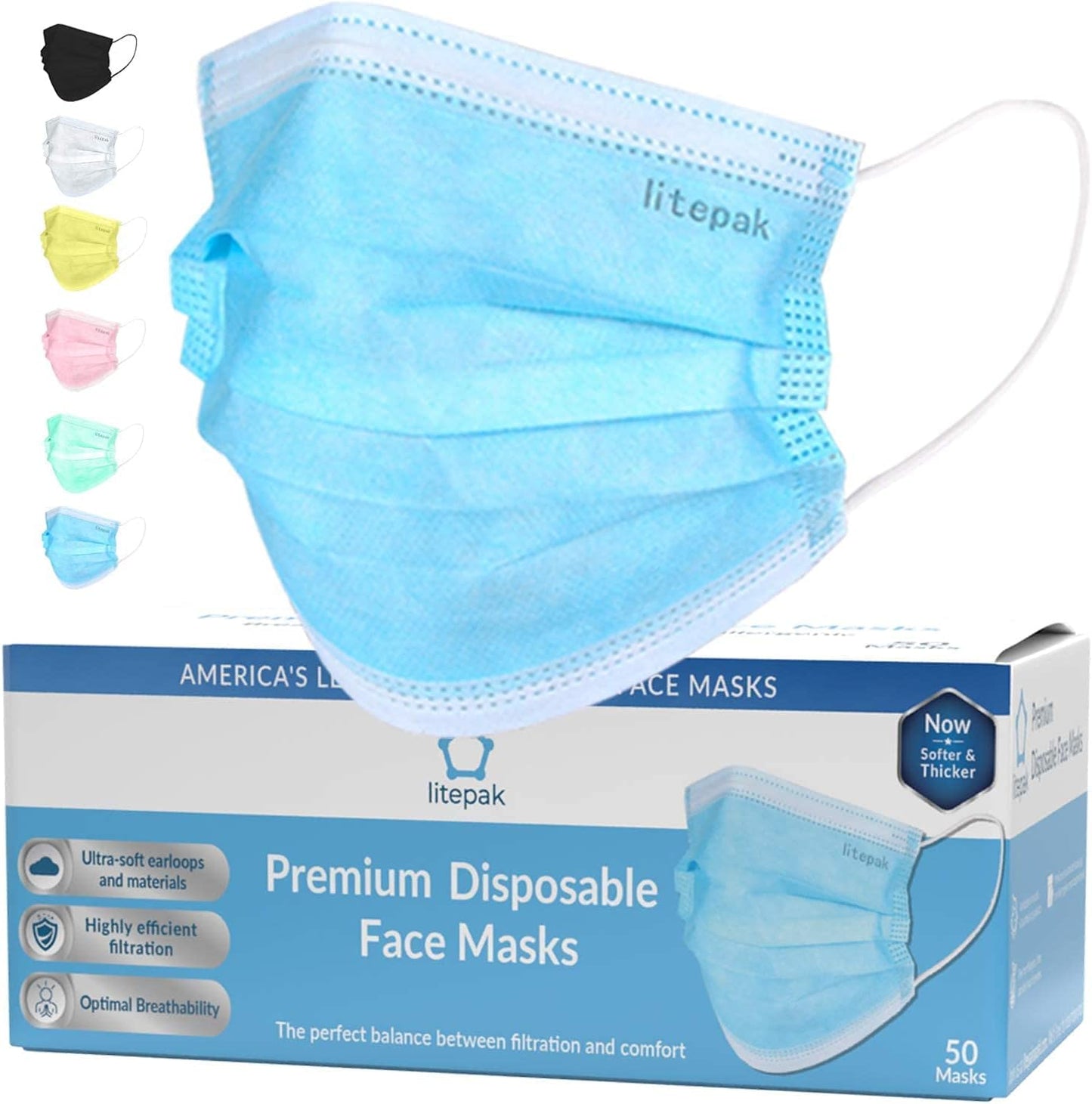 Litepak 2000pcs 3-Ply Black Disposable Face Masks Adult Size