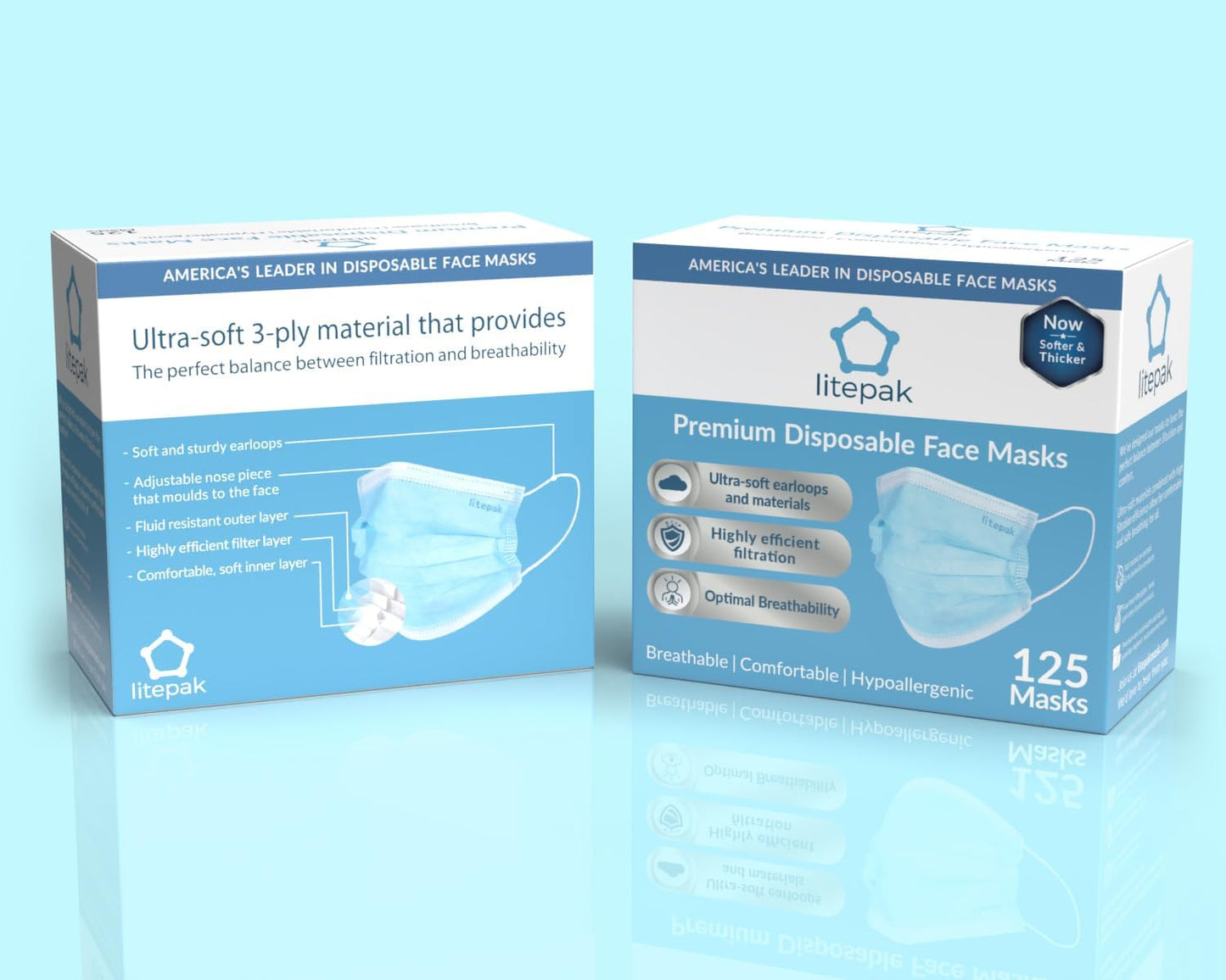 Litepak 125-Pack Premium Disposable Face Masks with Comfort Earloops Blue