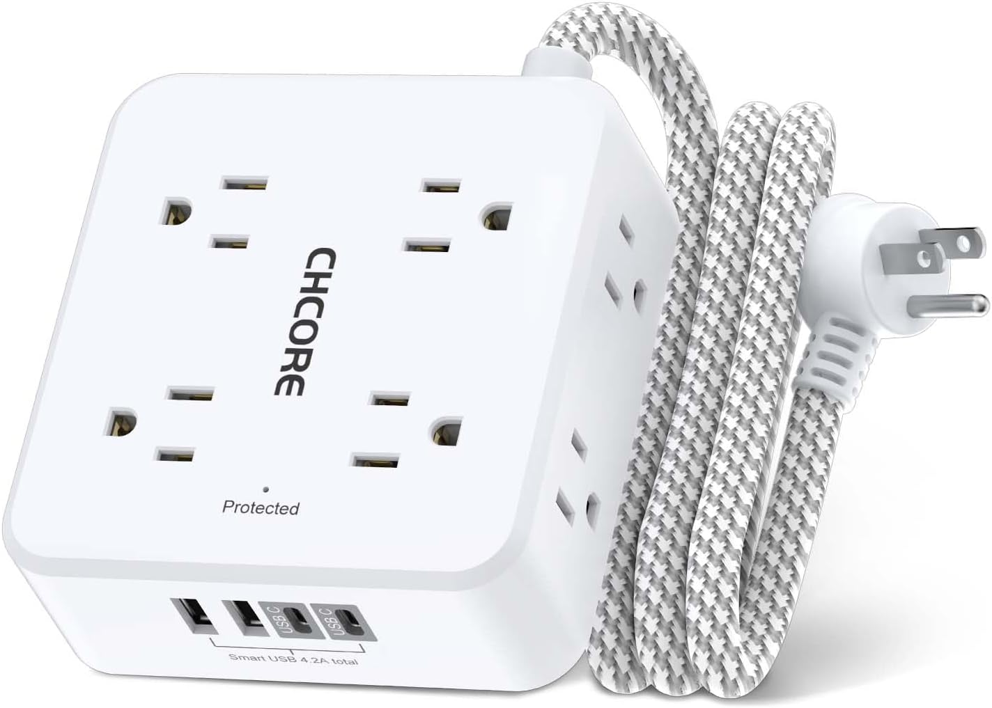 Surge Protector Power Strip - CHCORE 5Ft Braided Extension Cord with 8 Outlets with 4 USB (2 USB C) Charging Ports, Flat Plug Multi Plug Outlet Extender Charging Station for Home Office, ETL, White