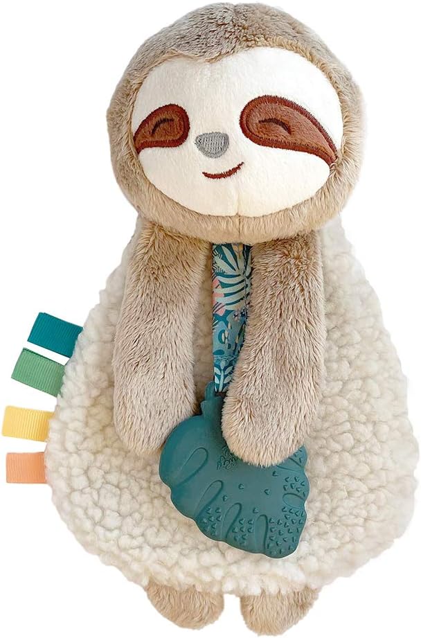 Itzy Ritzy - Itzy Lovey Including Teether - Baby Lovey with Teether, Textured Ribbons & Dangle Arms - Features Crinkle Sound, Sherpa Fabric and Minky Plush (Sloth)