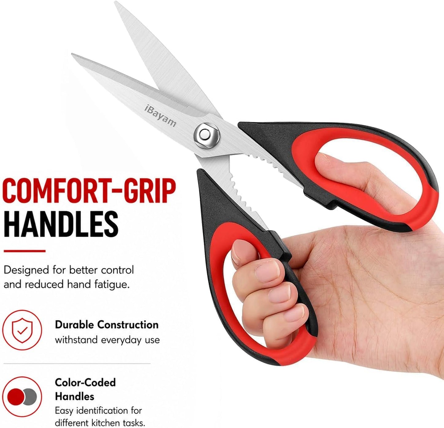 iBayam 3-Pack 8.7" Kitchen Scissors All Purpose Heavy Duty Shears w/Sheath | Soft Comfort Grip, Dishwasher Safe, Stainless Micro-Serrated Edge Blades, Cooking Poultry Herbs Meat Kitchen Utensils Gadgets