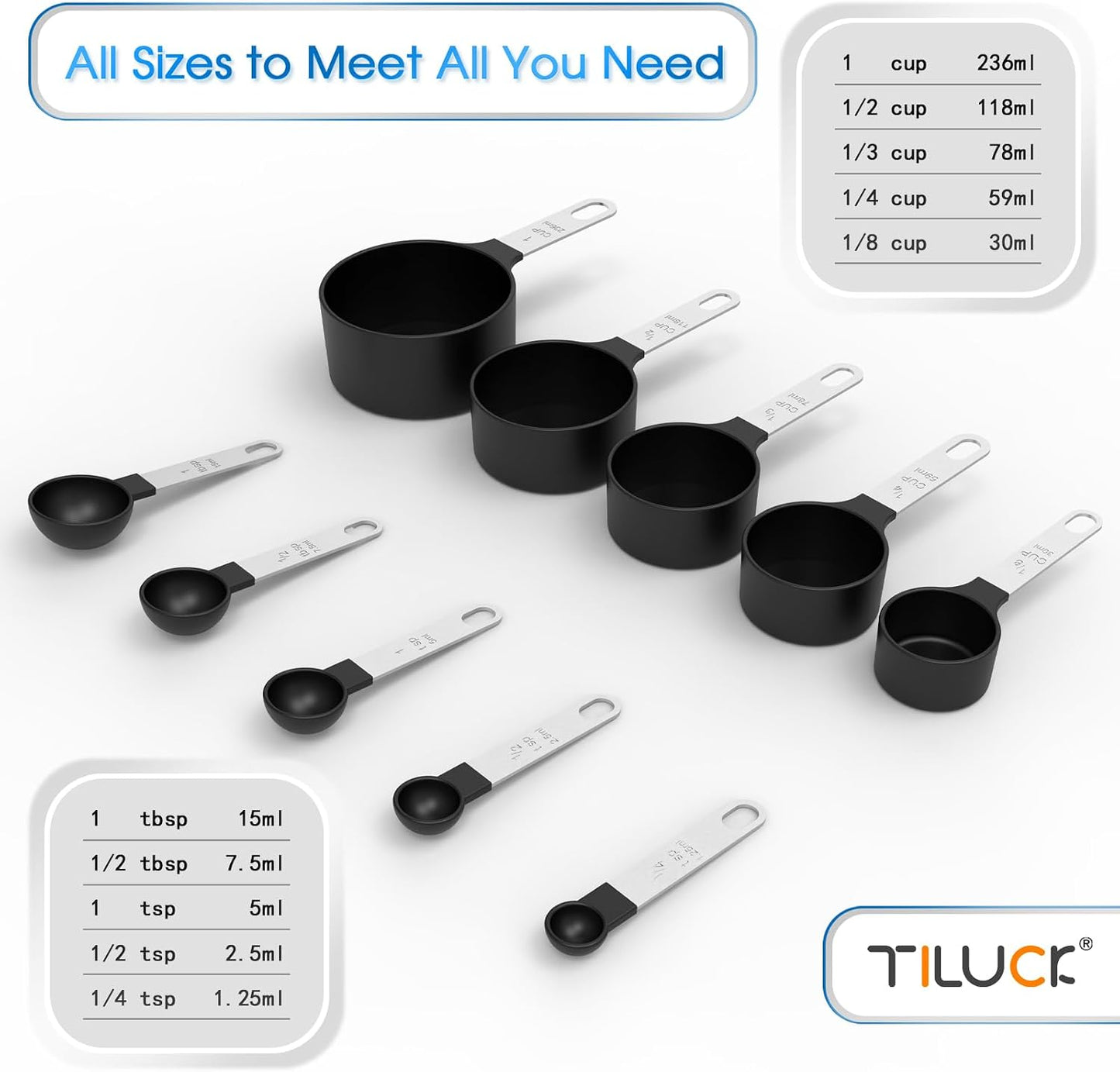 Measuring Cups & Spoons Set, Stackable Cups and Spoons | Nesting Measure Cups with Stainless Steel Handle, Kitchen Gadgets for Cooking & Baking (Black)