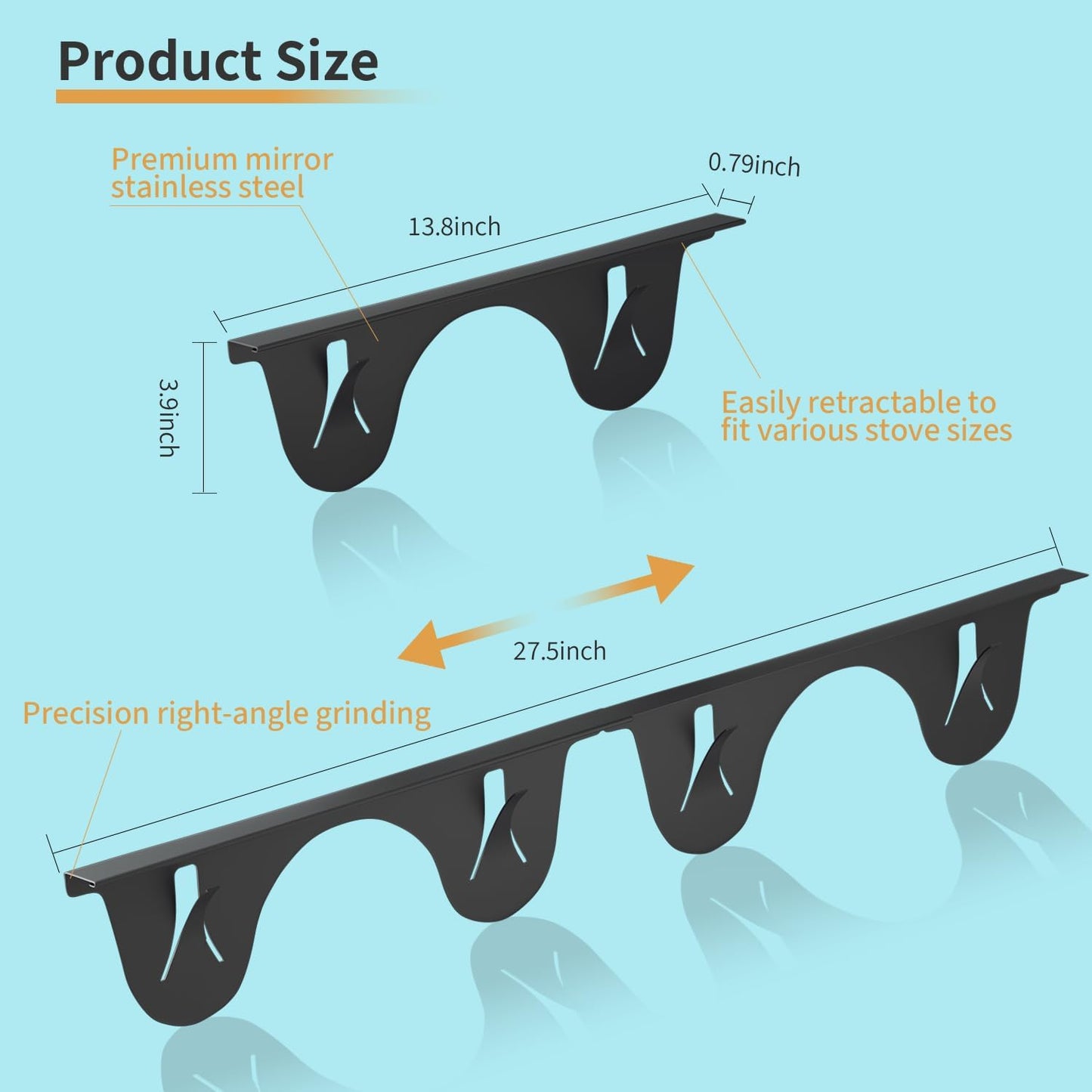 Stainless Steel Stove Gap Cover (2 Pack, Black), Stove Gap Filler for Kitchen, Range Trim Kit, Heat Resistant with Easy Clean, Adjustable Length 13.8” to 27.5”