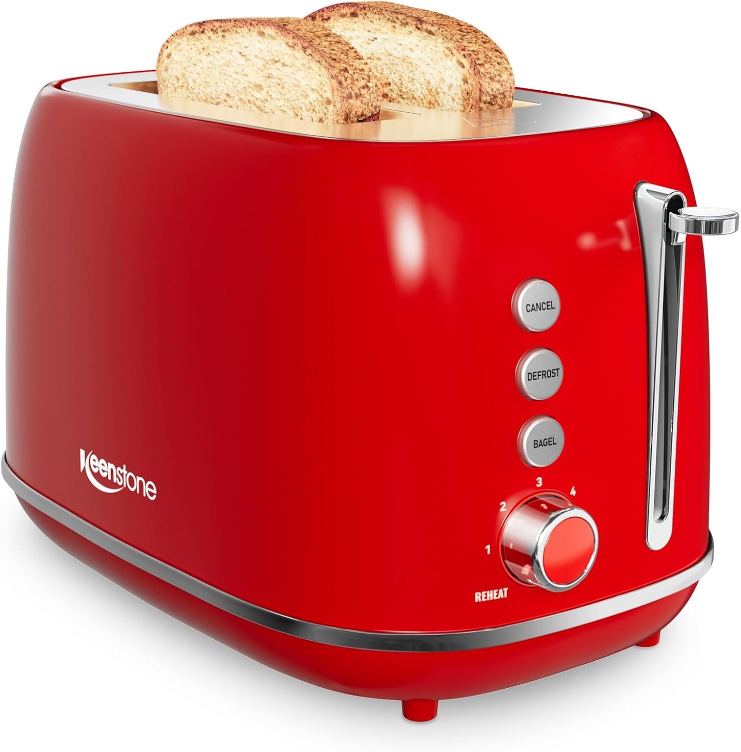 Keenstone 2 Slice Toaster, Retro Stainless Steel Kitchen Essentials, White | Retro Kitchen Decor, 18/8 Food-Grade Steel, 1.5” Slots & 6 Browning Levels, Bagel/ Defrost/ Reheat, Removable Crumb Tray