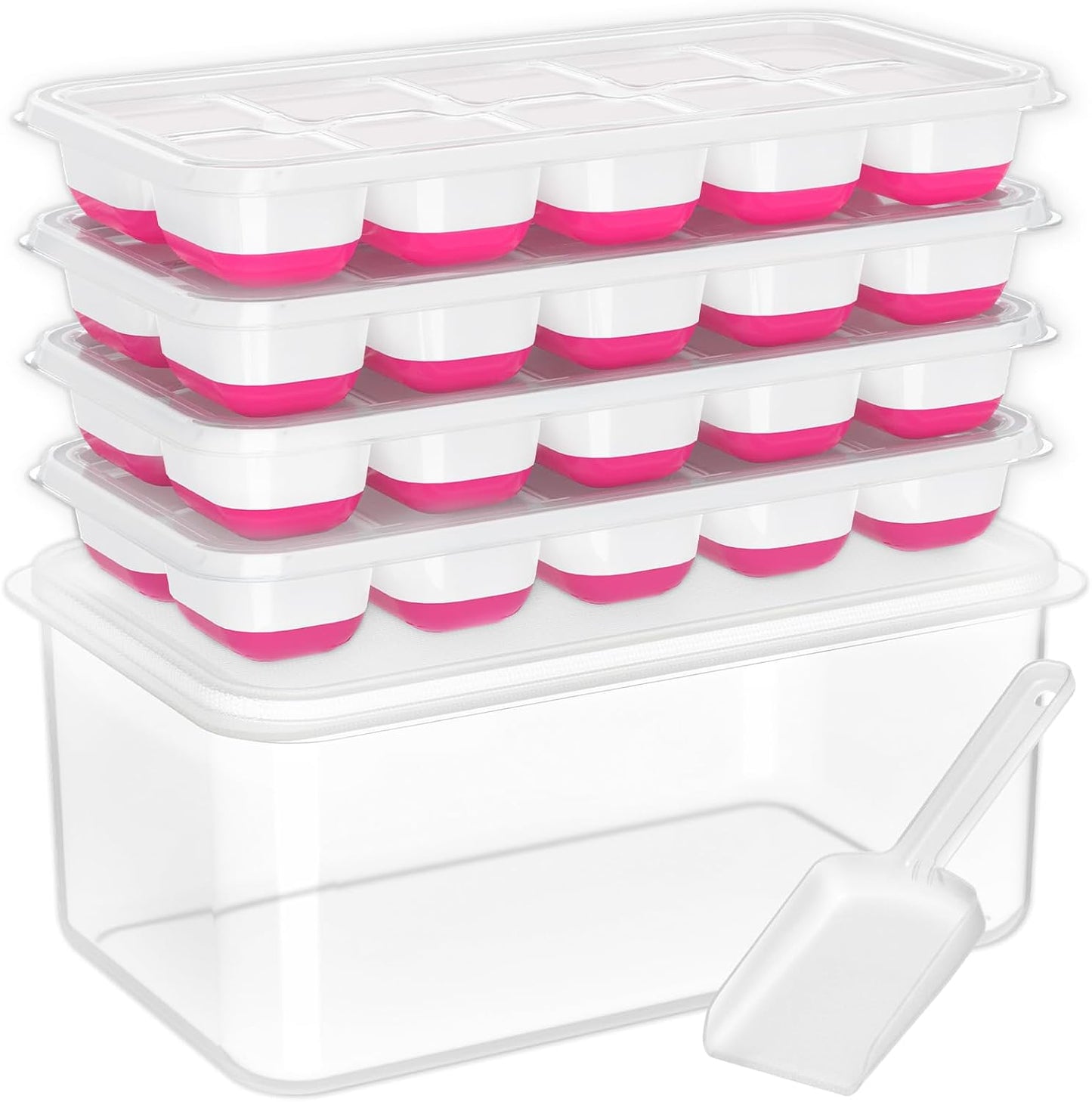 DOQAUS Ice Cube Tray with Lid and Bin - 4 Pack Silicone Ice Cube Trays for Freezer, Stackable Ice Bucket Kits with Storage Container & Scoop for Kitchen, RV, Cocktail, Coffee
