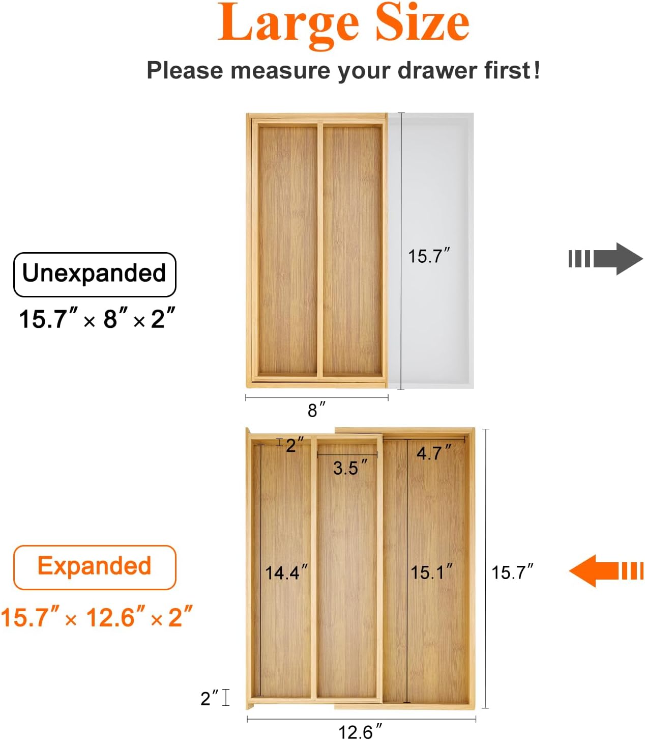Large Bamboo Kitchen Utensil Drawer Organizer Expandable Silverware Tray | Big Cooking Utensil Drawer Divider Spoon Flatware Organizer Storage Adjustable Wooden Cutlery Holder Tool Knife Spatula Tray