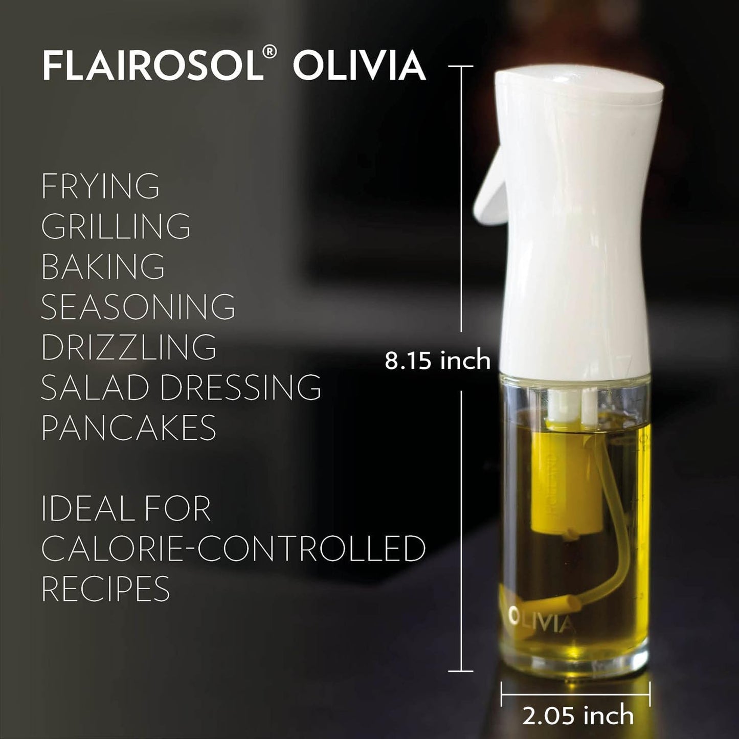 FLAIROSOL OLIVIA SIGNATURE Oil Sprayer for Cooking, 130ml Glass,White Print | Portion control mist for air fryer, salad, BBQ, refillable & reusable, fine mist olive oil kitchen sprayer, anti-drip