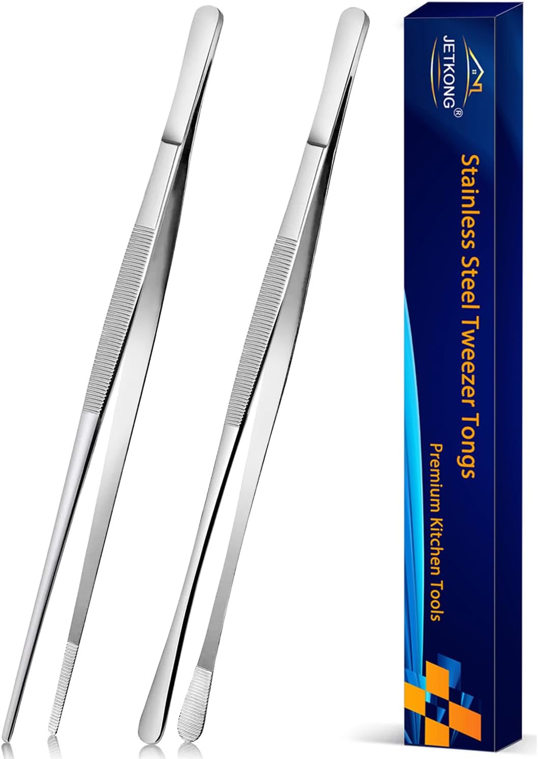 JETKONG 2 Pcs 12-Inch Kitchen Tweezers Tongs with Precision Serrated Tips, Stainless Steel Chef Tweezer Professional Cooking Tweezers for BBQ, Plating and Serving (12-Inch, Black)