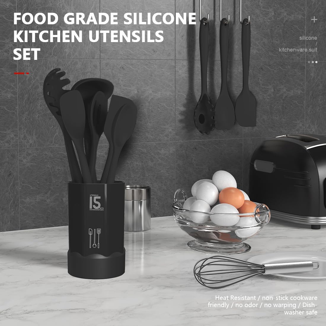 AOTHOD Silicone Cooking Utensils Set - 446°F Heat Resistant Kitchen Utensils,Turner Tongs,Spatula,Spoon,Brush,Whisk,Kitchen Utensil Gadgets Tools Set for Nonstick Cookware,Dishwasher Safe (BPA Free)