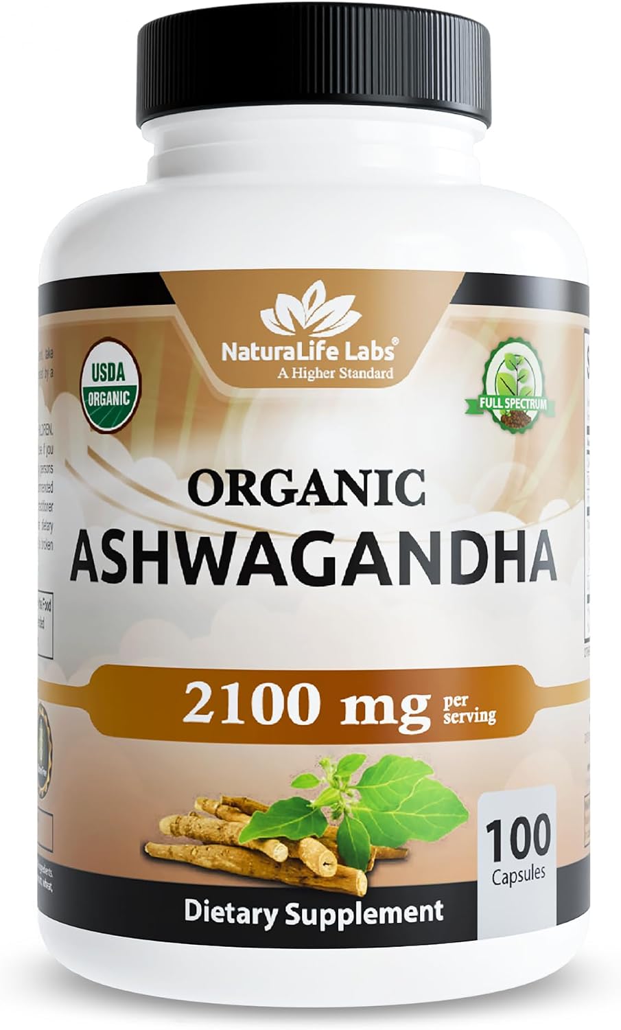 NaturaLife Labs Organic Ashwagandha 2100 mg per Serving – Full Spectrum Root Powder and Standardized Extract (Withanolides) – 100 Capsules – Vegan – Non-GMO, Gluten-Free