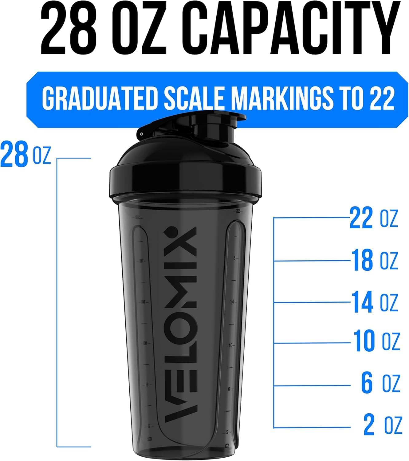 VELOMIX 28oz Protein Shaker Bottle 6-Pack - Leak-Proof, Smooth Mixes