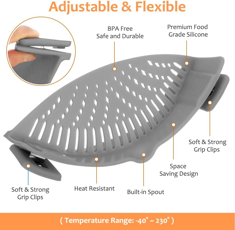 YEVIOR Clip on Strainer for All Pots Pan,Silicone Pasta Strainer | Food-grade BPA-free,Kitchen Gadgets, Food Strainer Collapsible Colander for Noodle,Vegetables,Fruit,Spaghetti (Grey)