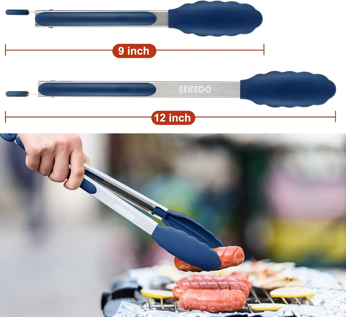 Tongs for Cooking, 600ºF High Heat-Resistant Stainless Steel Kitchen Tongs with Silicone Tips, Non Scratch, Locking Tong for BBQ Grilling Air Fryer Food Salads, Set of 2 (9" and 12") Navy Blue