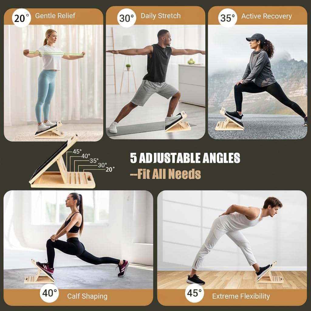 Adjustable Wooden Slant Board - 5-Angle Foldable Calf Stretcher & Squat Wedge for Home Gym