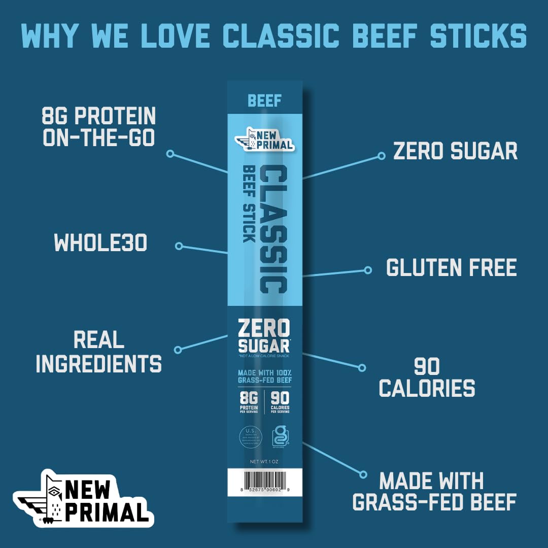 Grass Fed Beef Sticks, 20 Pack, 8g Protein, 90 Calories, Keto, Gluten Free, Sugar Free