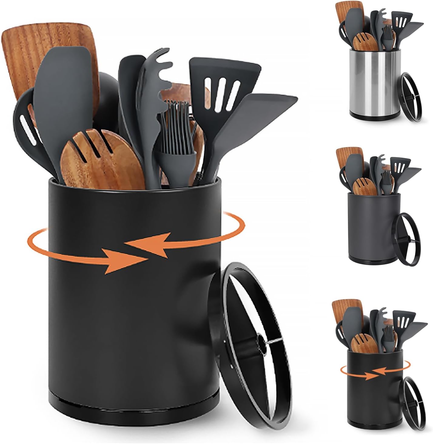 Nigelia Extra Large Kitchen Utensil Holder, 360° Rotating Stainless Steel Cooking Utensil Holder for Countertop, 3 Compartment Flatware Organizer & Cooking Caddy with Removable Base(Silvery)