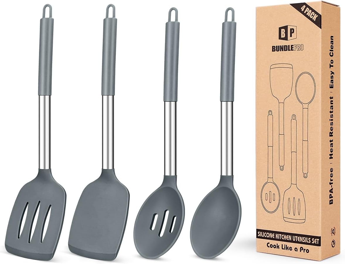 Pack of 4 Silicone Cooking Utensils Set, Non Stick Large Solid Spatulas, Heat Resistant Black Slotted Spoons, Ideal BPA Free Kitchen Turners for Frying, Mixing,Serving,Draining,Turning,Stirring