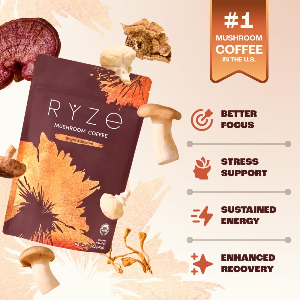 RYZE SUPERFOODS Mushroom Medium Roast Coffee USDA Organic with 6 Adaptogenic Mushrooms, USA Grown Instant Coffee for Better Energy, Focus Digestion Immunity with Lions Mane & Turkey Tail 30 Servings