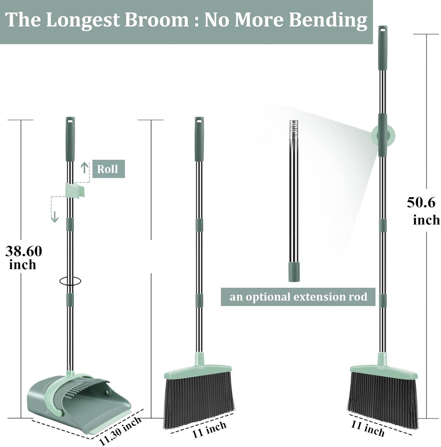 Ivandar Broom and Dustpan Set for Home, Dust pan with Long Handle, Broom with Dustpan Combo Set, for Home Kitchen Room Office Lobby Floor Use Upright Stand Up Sweeping (Gray&Green)