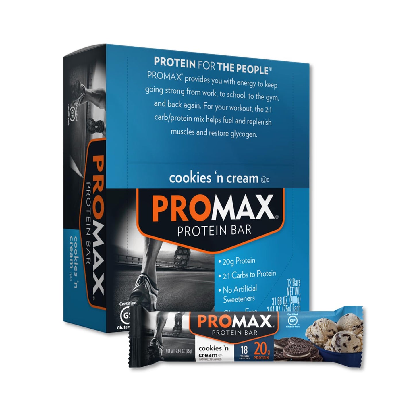 Promax Chocolate Chip Cookie Dough Protein Bar, 20g Protein, Gluten Free, 12 Count