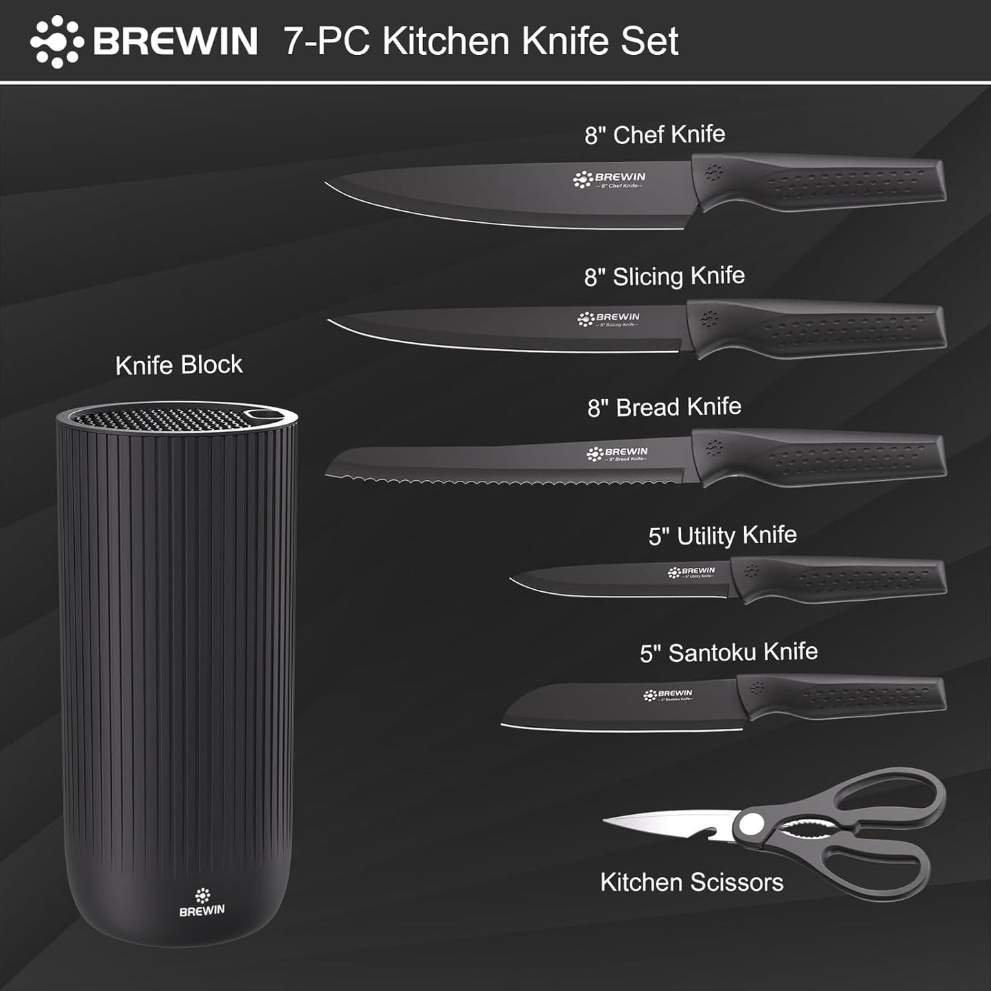 Brewin Knife Set, Kitchen Knife Set, Knives Set for Kitchen, Universal Knife Block, Utility Knife Block Set, New Home Essentials, Apartment Essentials, Dishwasher Safe