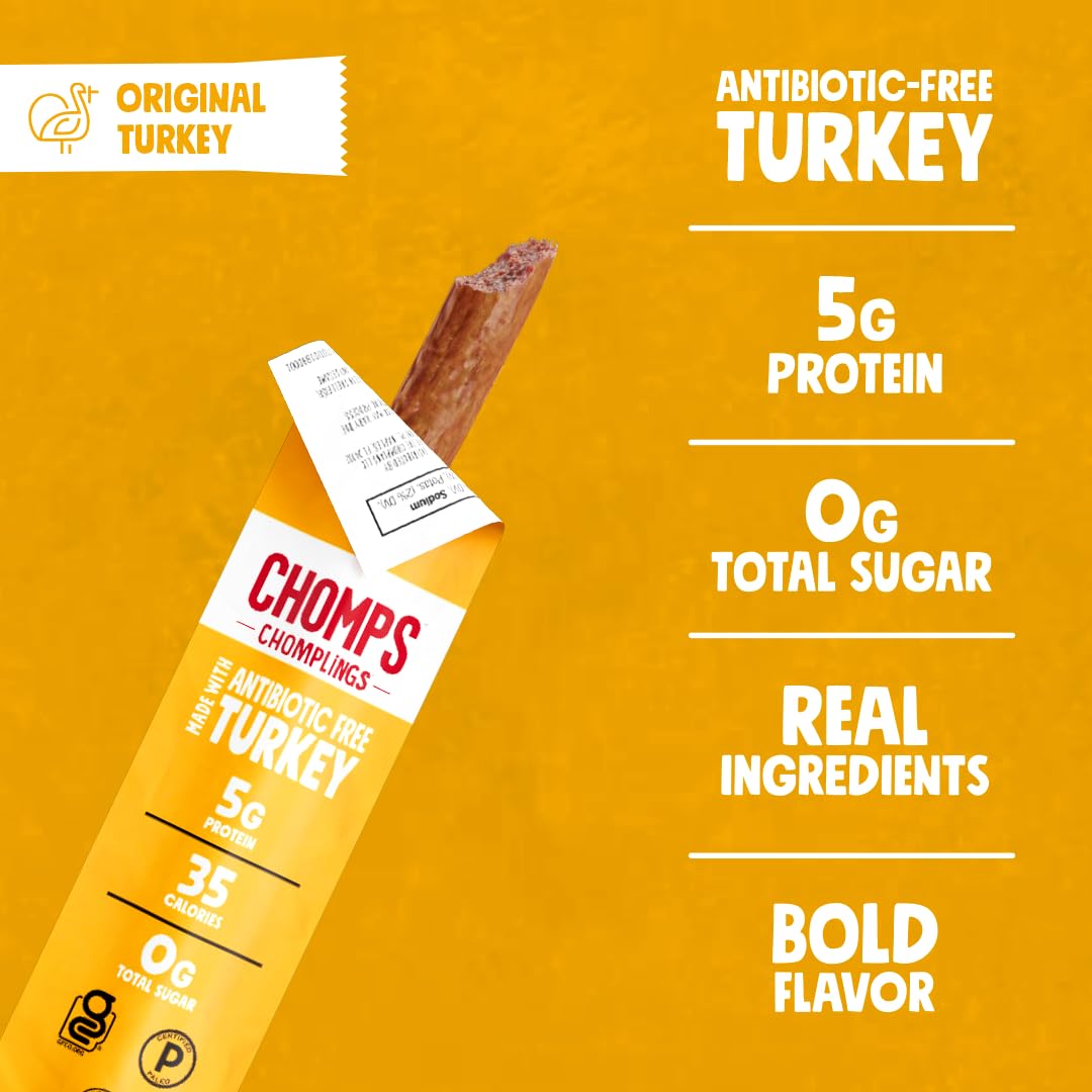 Chomps Snack Size Original Turkey Jerky Meat Sticks, 0.5 Oz, Pack of 24