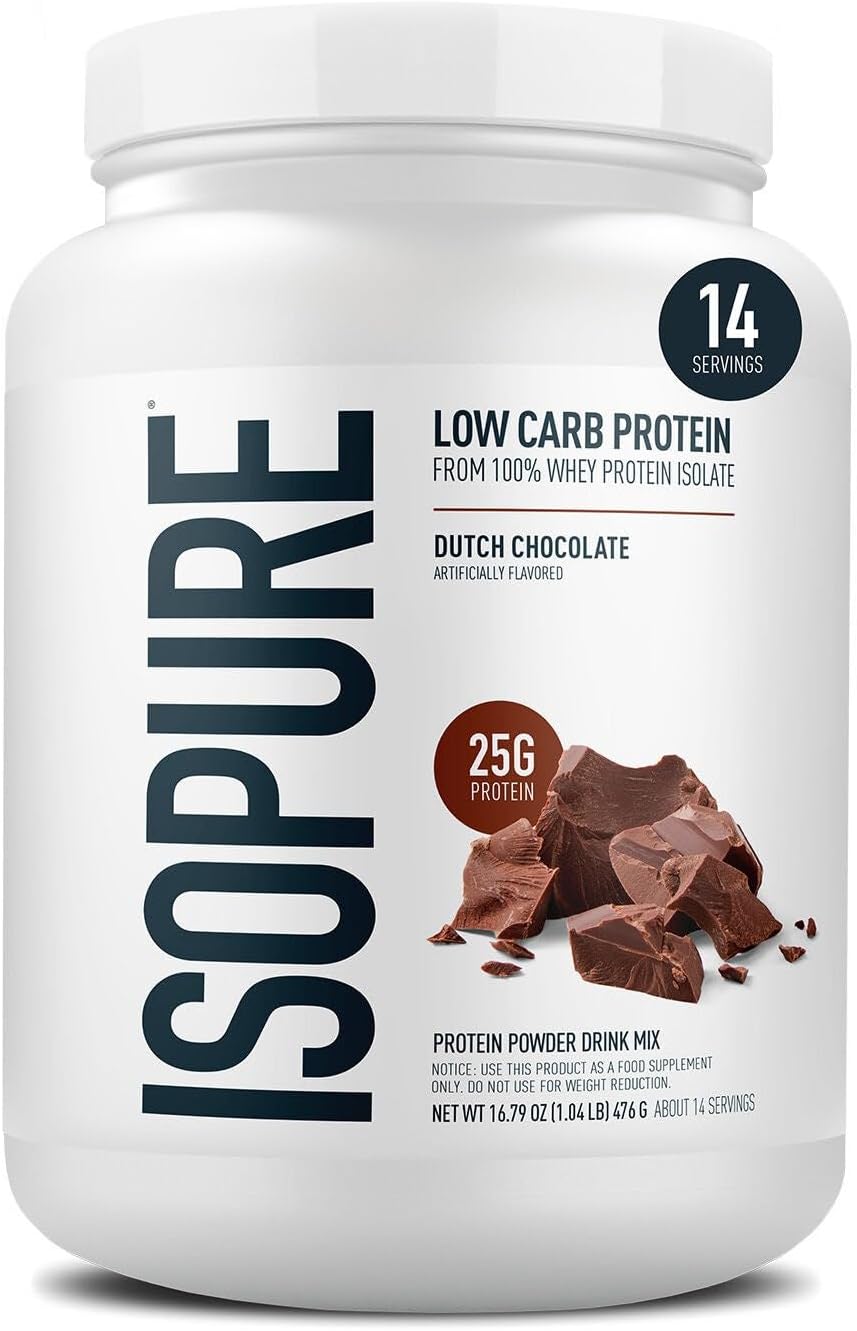Isopure Low Carb 100% Pure Whey Isolate Protein Powder, Gluten Free, With Vitamins, Dutch Chocolate, 25g Protein Per Serving, 1 Lb, 14 Servings (Packaging May Vary)