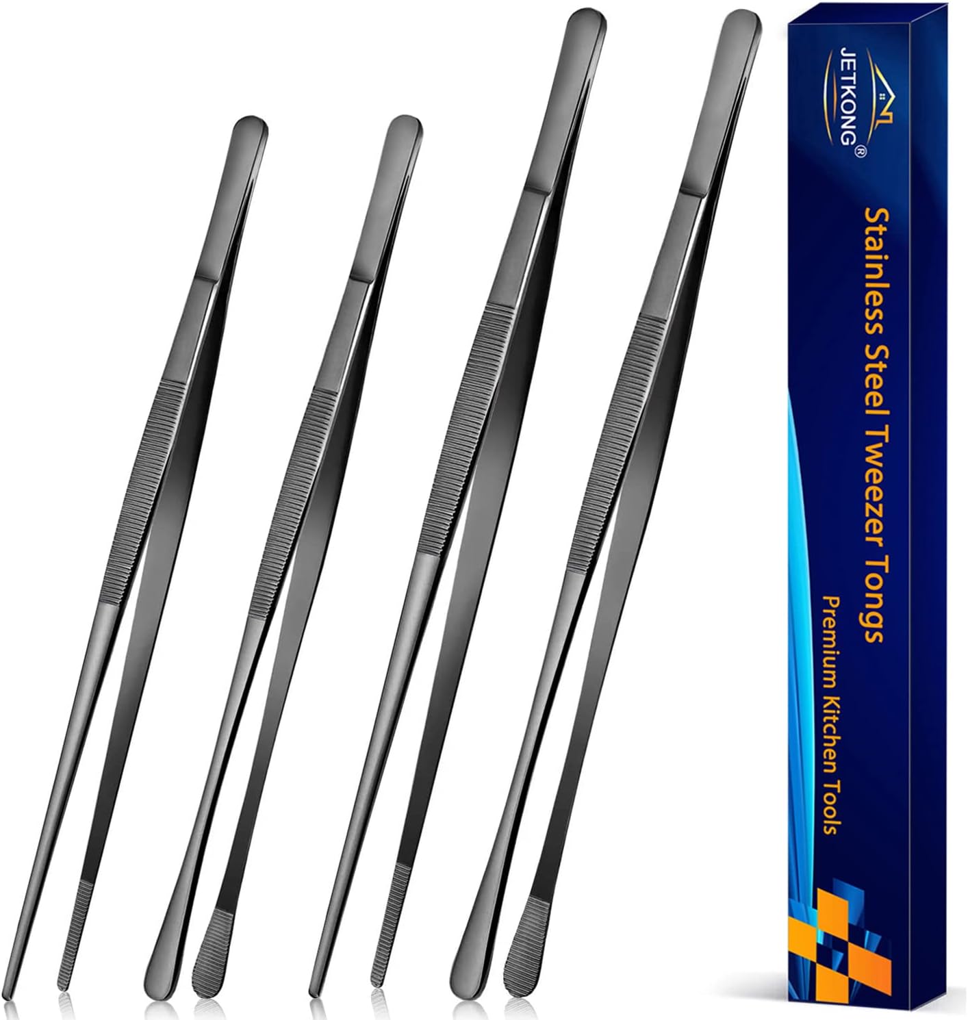 JETKONG 2 Pcs 12-Inch Kitchen Tweezers Tongs with Precision Serrated Tips, Stainless Steel Chef Tweezer Professional Cooking Tweezers for BBQ, Plating and Serving (12-Inch, Black)