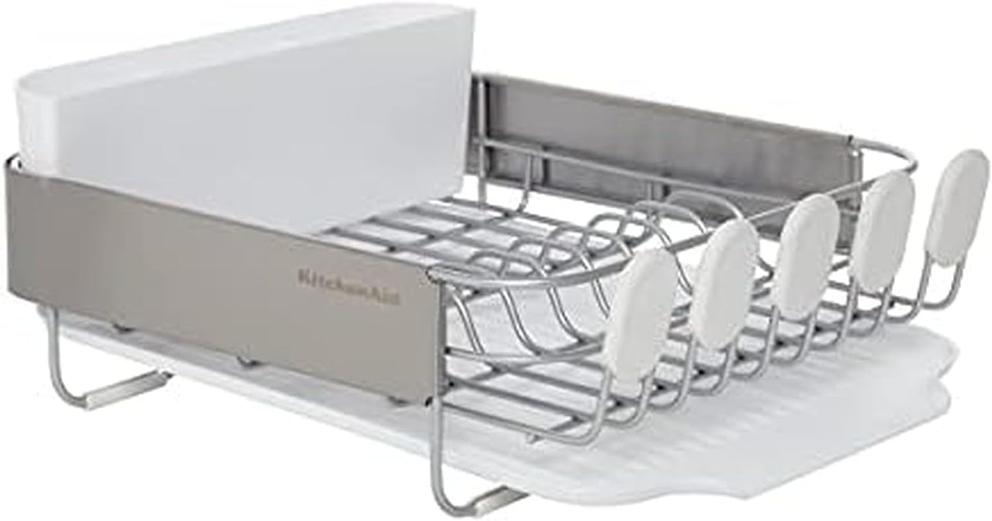 KitchenAid Large Capacity Full Size Rust Resistant Dish Rack with Angled Drain Board and Removable Flatware Caddy, Light Grey