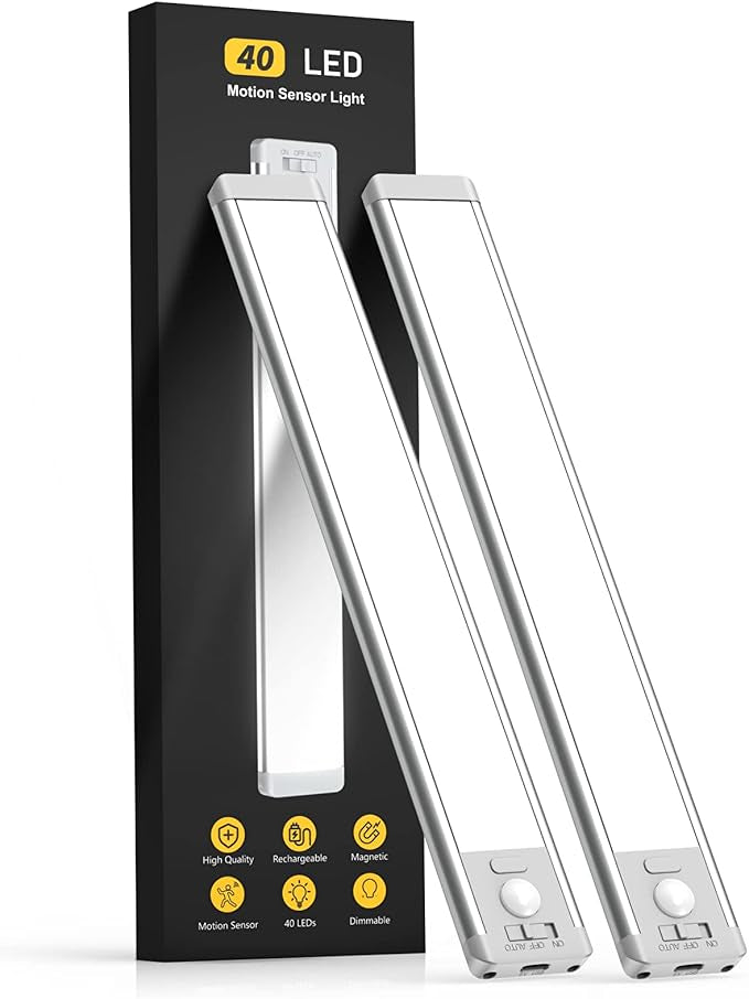 10inch Under Cabinet Lighting, 2 Pack Rechargeable Motion Sensor Light Indoor, 5 Levels Dimmable Magnetic Closet Lights, Wireless Under Counter Lights for Kitchen, Stairs