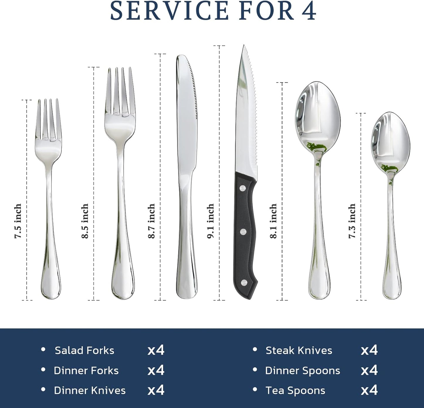 Astercook Silverware Set with Steak Knives 24-Piece Flatware Set for 4 Food-Grade Stainless Steel Cutlery Set Mirror Polished Utensils Set Include Spoons and Forks for Home Kitchen Restaurant