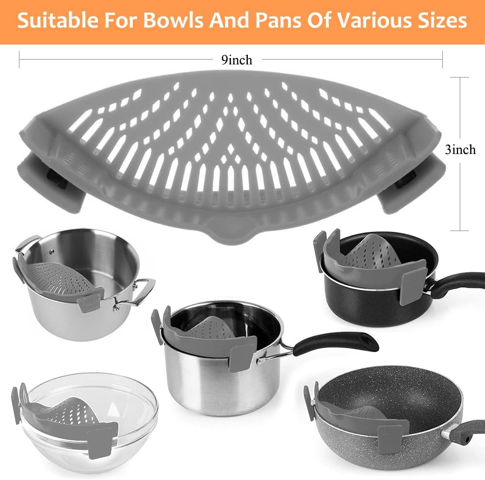 YEVIOR Clip on Strainer for All Pots Pan,Silicone Pasta Strainer | Food-grade BPA-free,Kitchen Gadgets, Food Strainer Collapsible Colander for Noodle,Vegetables,Fruit,Spaghetti (Grey)