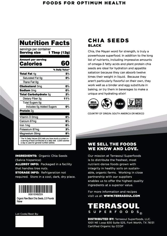 Terrasoul Superfoods Organic Black Chia Seeds, 2.5 Pounds, Nutrient-Packed Superfood for Energy, Puddings, Smoothies, and Baking