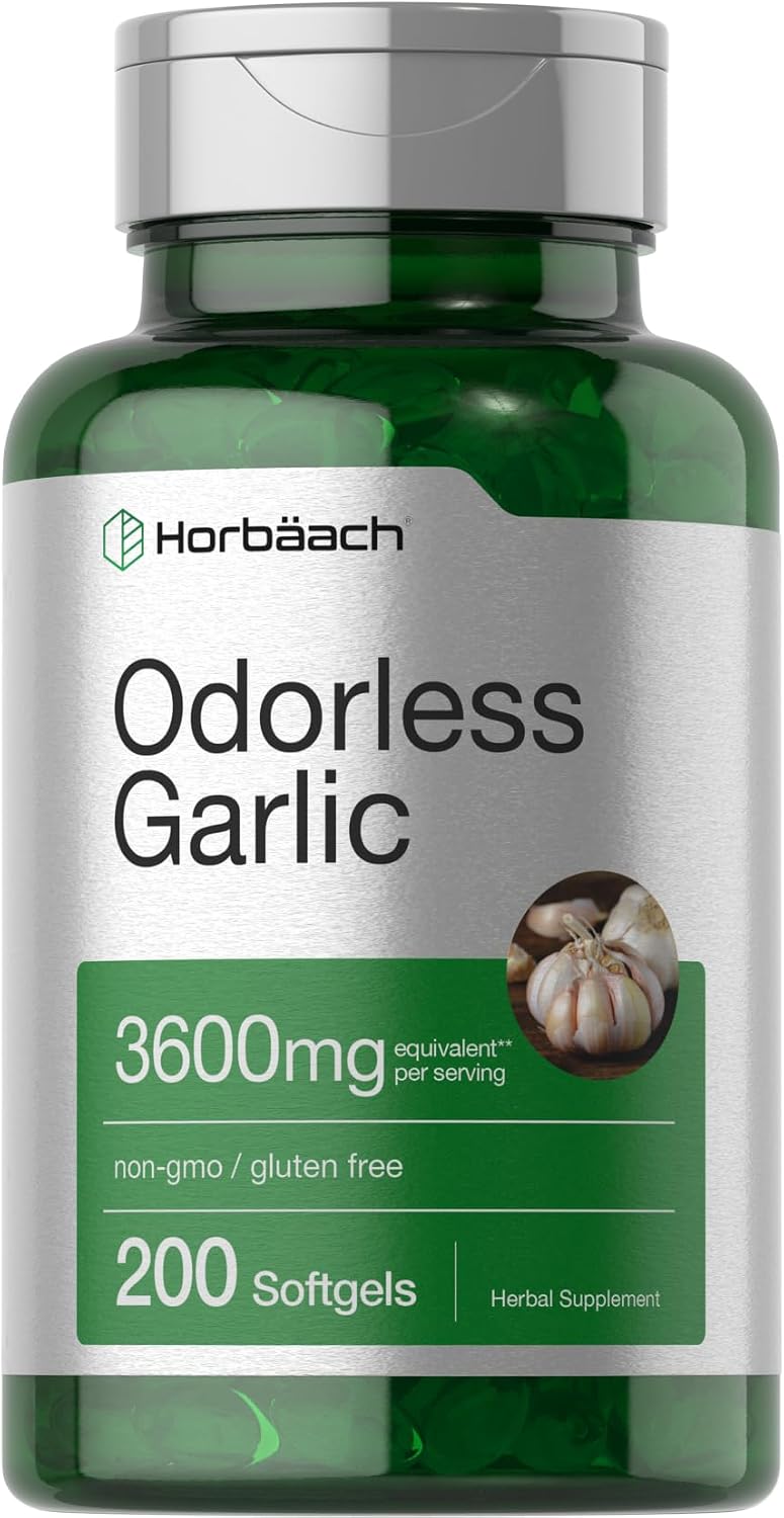 Horbäach Odorless Garlic Softgel Supplement | 200 Pills | Ultra Potent Concentrated Herbal Extract | Non-GMO & Gluten Free