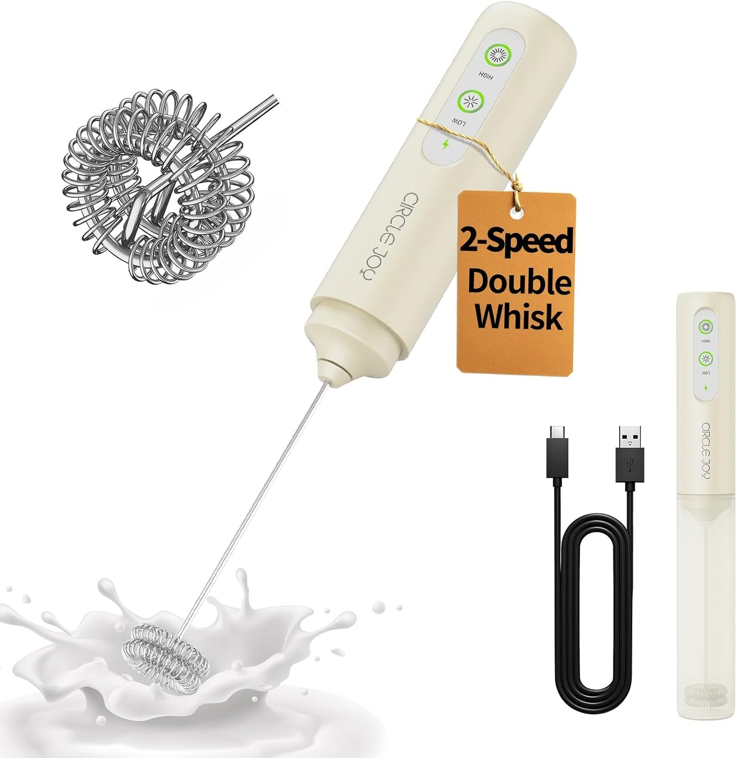 CIRCLE JOY Rechargeable Milk Frother Hanheld, Dual Coil Whisk Head Electric Coffee Frother, Portable Hand Frother Wand Drink Mixer for Matcha Lattes Cappuccino, Kitchen Gifts, Black