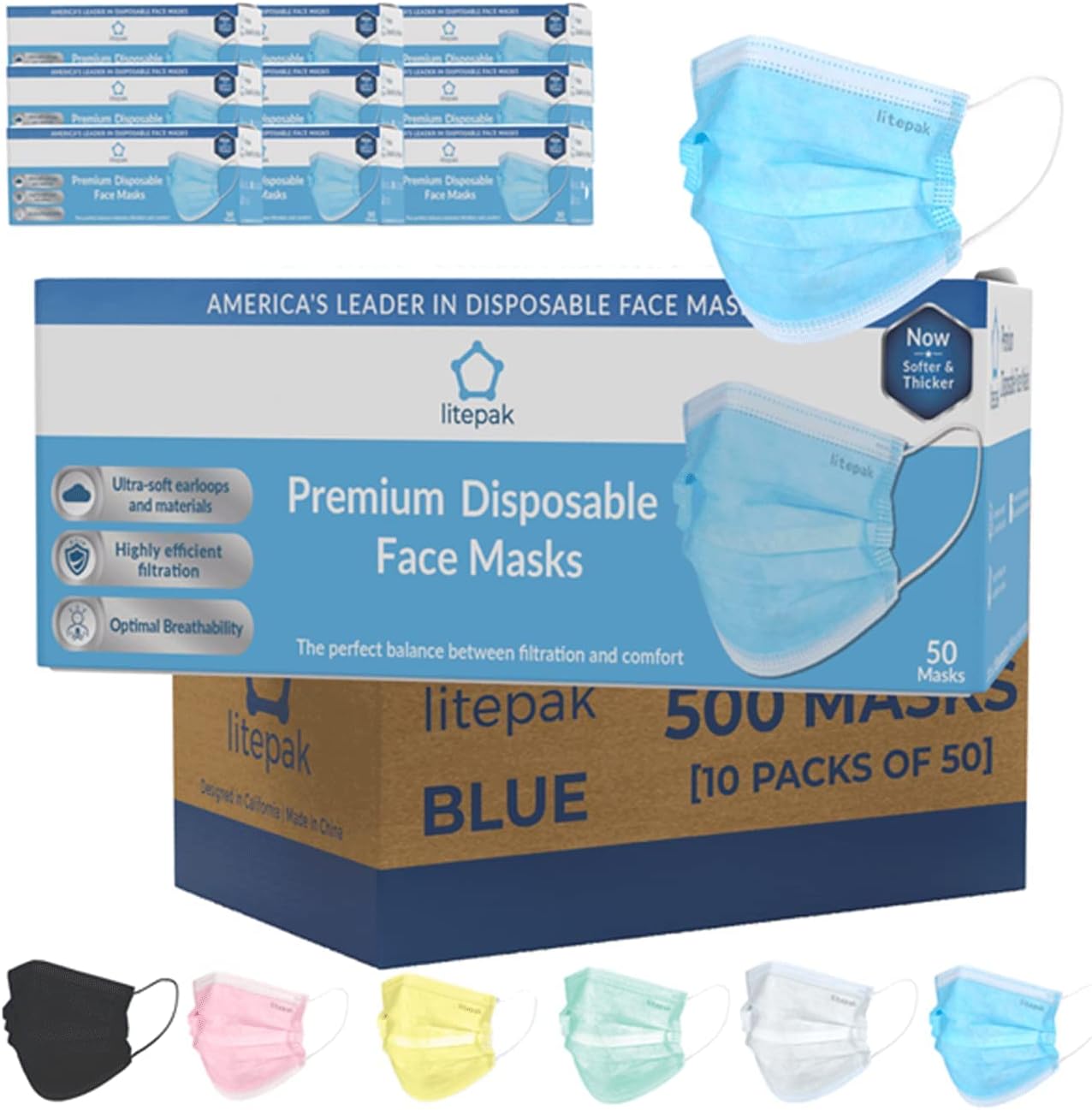 Litepak Premium Disposable Face Mask 500pcs 3ply Soft with Nose Wire